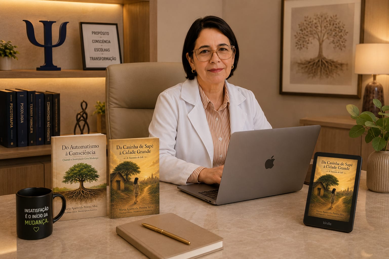 Dra. Maria Aparecida (Cida) Silva em seu consultório, com seus dois livros